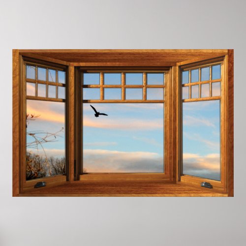 Sunset Flying Bird Fake Window Illusion Poster
