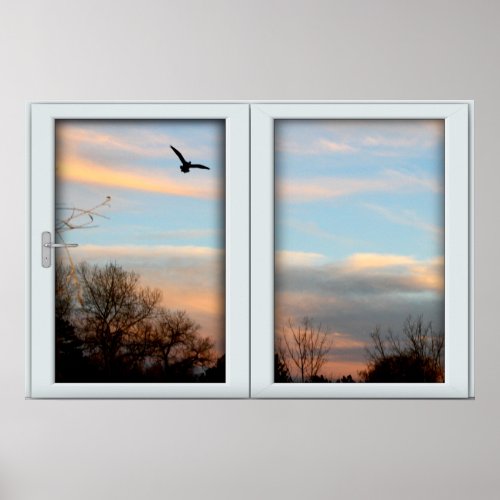 Sunset Flying Bird White 2 Pane Window Illusion Poster