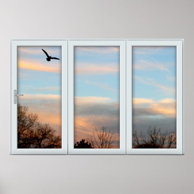 Sunset Flying Bird White 3 Pane Window Illusion Poster (Front)