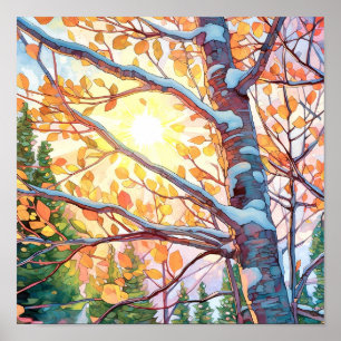 Sunset Forest Watercolor Painting Poster