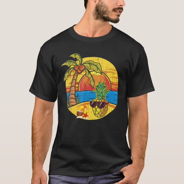 Sunset Funny Pineapple Palm Trees Sunglasses Tropi T-Shirt (Front)