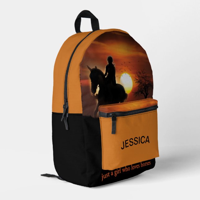 Sunset Girl Who Love Horses Personalized Name Printed Backpack (Back Corner Left)