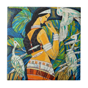 Sunset Glow Hao Ping oriental abstract lady birds Ceramic Tile