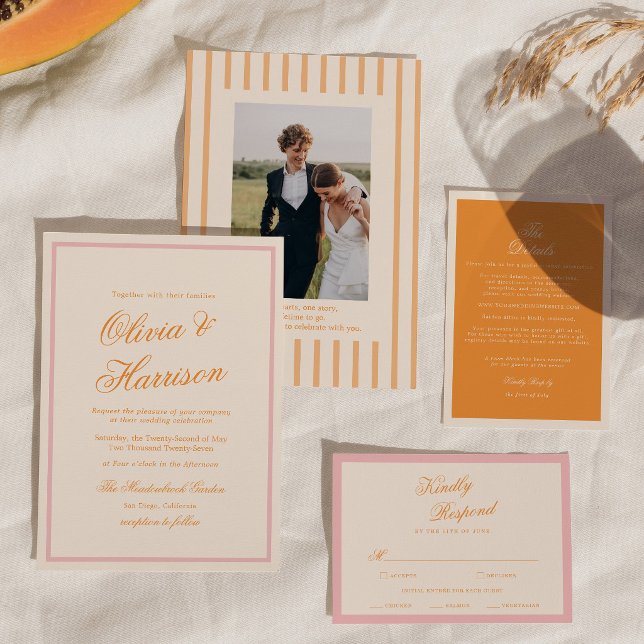 Sunset Glow Orange Pink Stripe Wedding Invitation (Creator Uploaded)