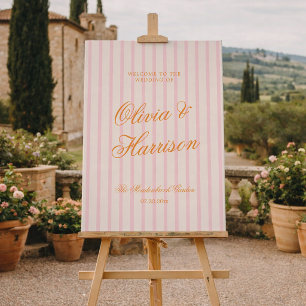 Sunset Glow Pink Stripe Retro Wedding Welcome Sign