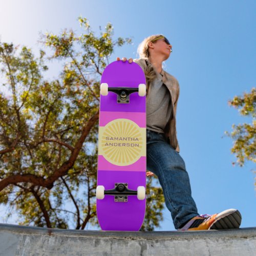 Sunset Glow Stripes_Purple Pink and Yellow Skateboard