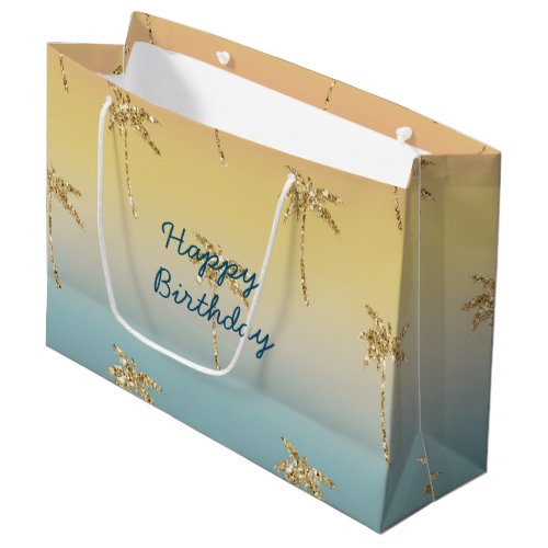 Sunset Gold Glitter Palm Trees Birthday Large Gift Bag