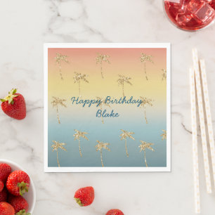 Sunset Gold Glitter Palm Trees Birthday Napkins