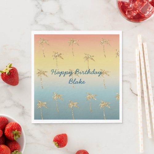 Sunset Gold Glitter Palm Trees Birthday Napkins
