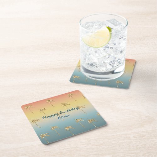 Sunset Gold Glitter Palm Trees Birthday Square Paper Coaster