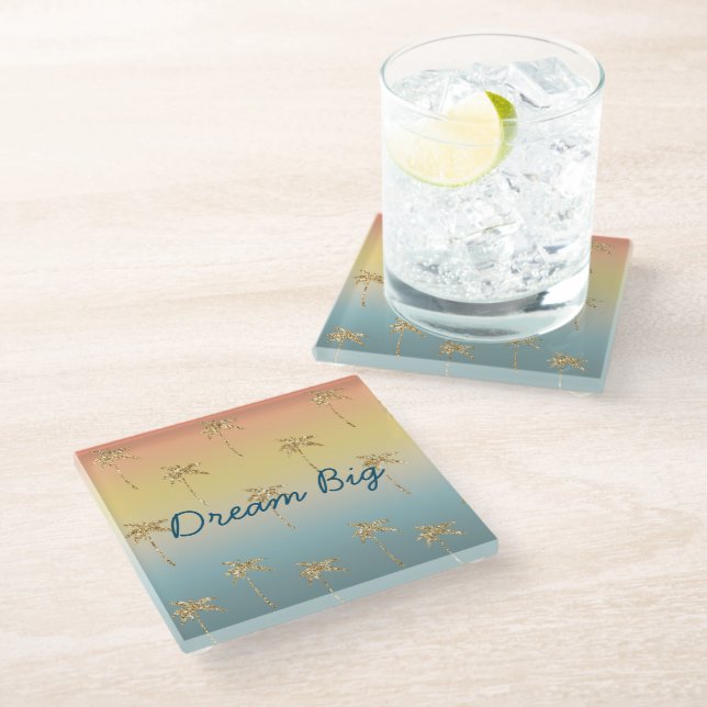 Sunset Gold Glitter Palm Trees Glass Coaster (Angled)