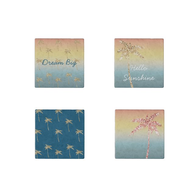 Sunset Gold Glitter Palm Trees Stone Magnet (Front)