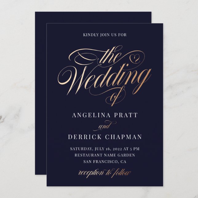 Sunset Gradient Deep Blue Gold Calligraphy Wedding Invitation (Front/Back)
