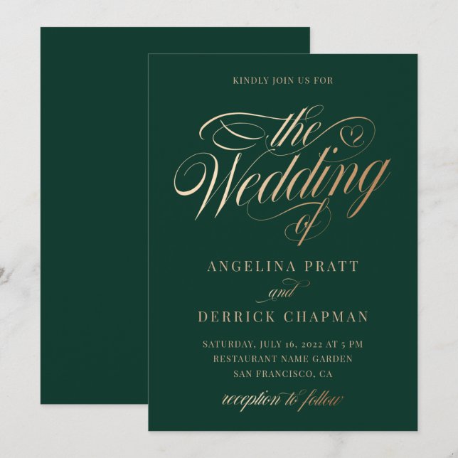 Sunset Gradient Emerald Green Calligraphy Wedding  Invitation (Front/Back)