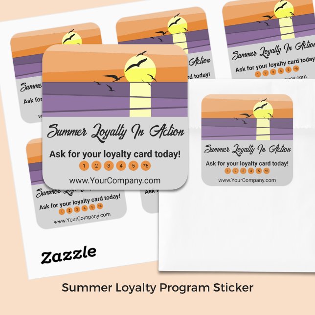 Sunset & Gray Template – Summer Loyalty Program Square Sticker (Sunset & Gray Template – Summer Loyalty Program Square Sticker)
