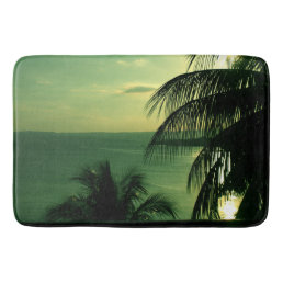 SunSet Green Blue Sky &amp; Sea Silhouetted Palm Tree Bath Mat