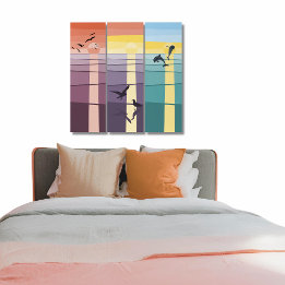 Sunset Gulls Dolphins Shore Sea Purple Green Triptych