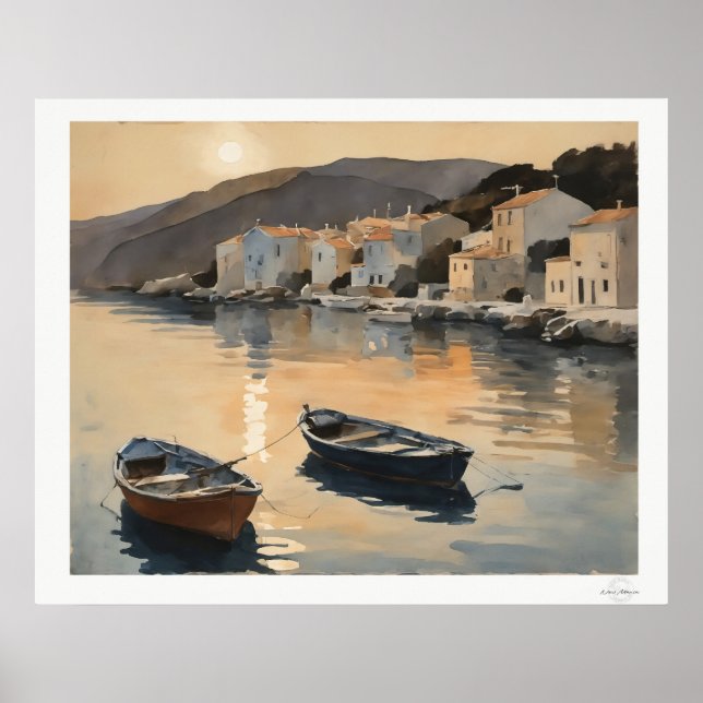 Sunset Harbor Reflection Oil Painting Art Print (Front)