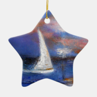 Sunset Harbor Sail Seascape Painting Ceramic Ornament