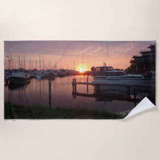 Sunset Harbour with Boats Beach Towel