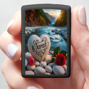 Sunset Heart On River Rocks Zippo Lighter