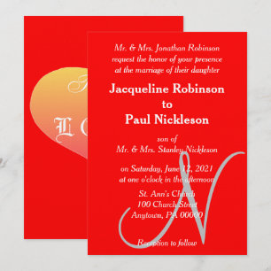 Sunset Heart Red Monogram Wedding Invitation