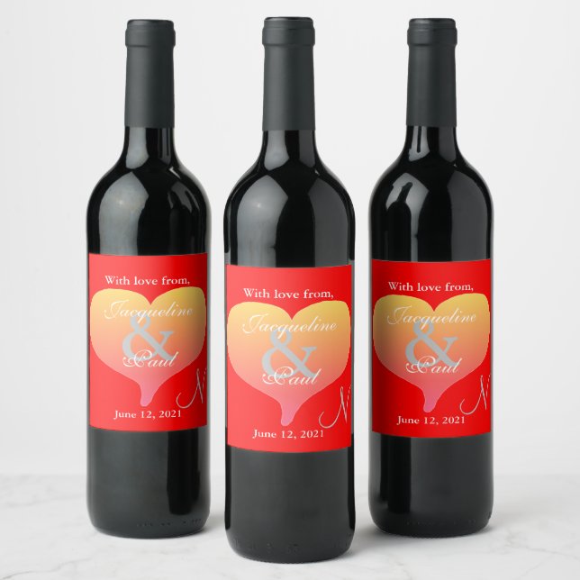 Sunset Heart Red Wedding Monogram Labels (Bottles)