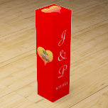 Sunset Heart Red Wedding Wine Box<br><div class="desc">Romantic hearts with sunset shades in golden yellow to pink hues adorn the box sides with the wording, Mr. and Mrs. inside of hearts. Bright red and white wedding wine favor boxes. Personalize with the Bride and Grooms First Name Monogrammed Initials and Wedding Date in white text on front of...</div>