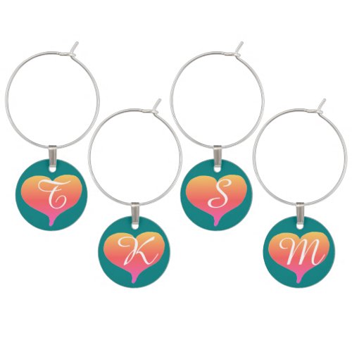Sunset Heart Teal Green Monogrammed Wine Charms