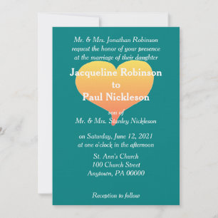 Sunset Heart Teal Green Wedding Invitation