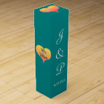 Sunset Heart Teal Green Wedding Wine Box<br><div class="desc">Romantic hearts with sunset shades in golden yellow orange to pink hues adorn the box sides with the wording, Mr. and Mrs. inside of hearts. Pretty teal green wedding wine favor boxes. Personalize with the Bride and Grooms First Name Monogrammed Initials and Wedding Date in white text on front of...</div>