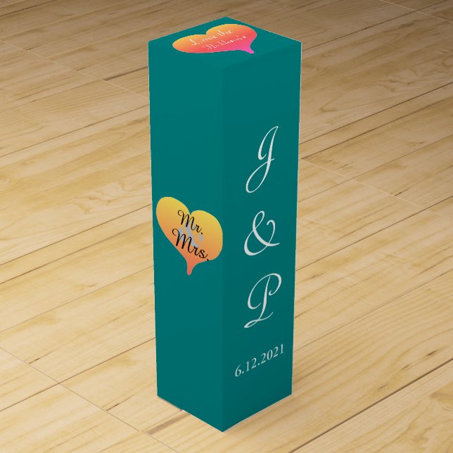 Sunset Heart Teal Green Wedding Wine Box (Front)