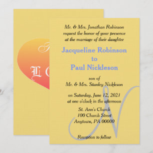 Sunset Heart Yellow Blue Monogram Wedding Invitation