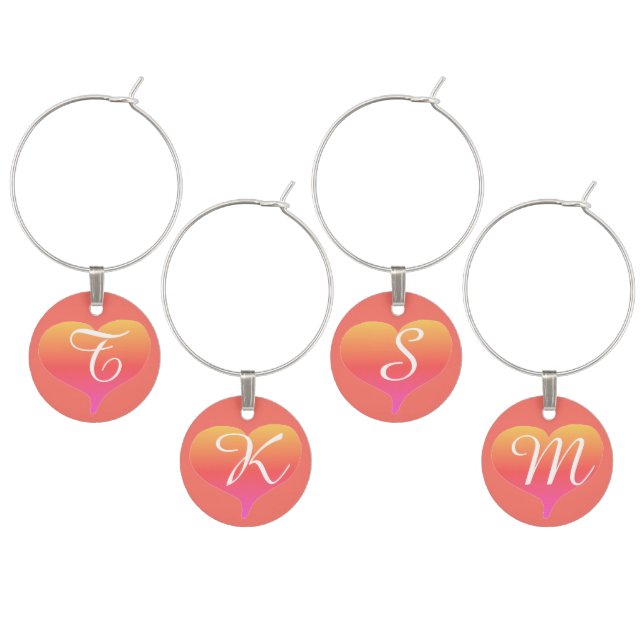 Sunset Hearts Coral Monogrammed Wine Charms (Staggered)
