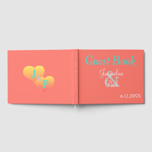 Sunset Hearts Coral Wedding Monogram Guest Book (Full)