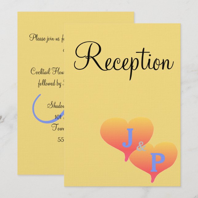Sunset Hearts Mellow Yellow Blue Monogram Invitation (Front/Back)