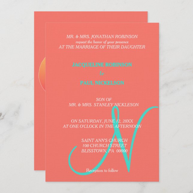 Sunset Hearts Monogram Coral Turquoise   Invitation (Front/Back)