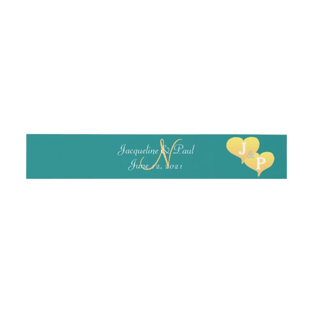 Sunset Hearts Teal Green Monogram Invitation Belly Band (Flat)