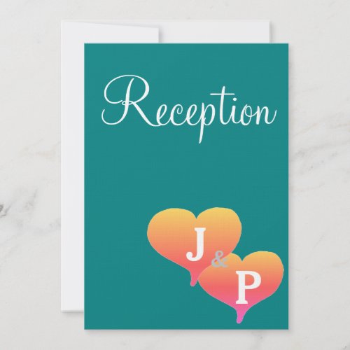 Sunset Hearts Teal Green Monogram Reception Cards