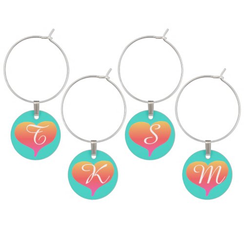 Sunset Hearts Turquoise Monogrammed Wine Charms