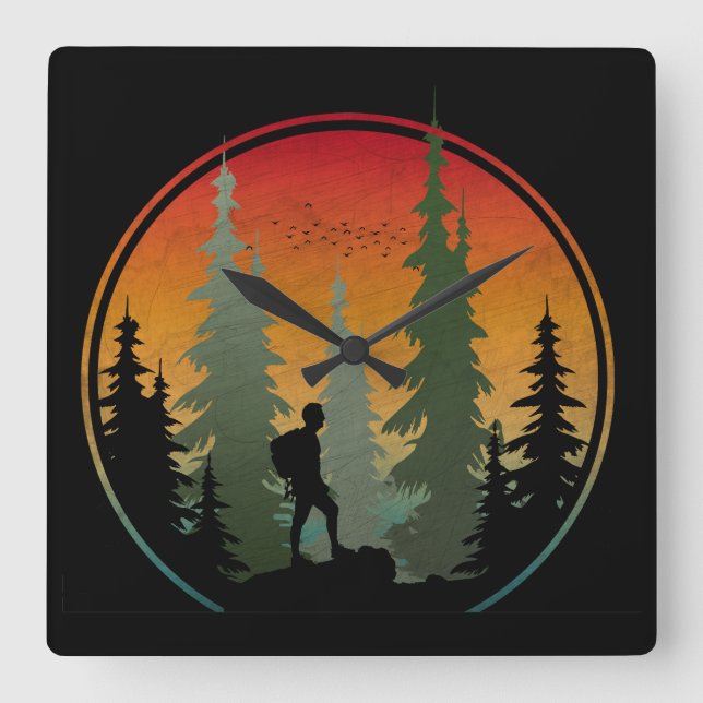 Sunset Hiking Nature Forest Square Wall Clock (Front)