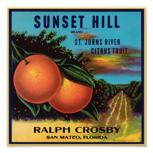 Sunset Hill Oranges packing label Photo Print