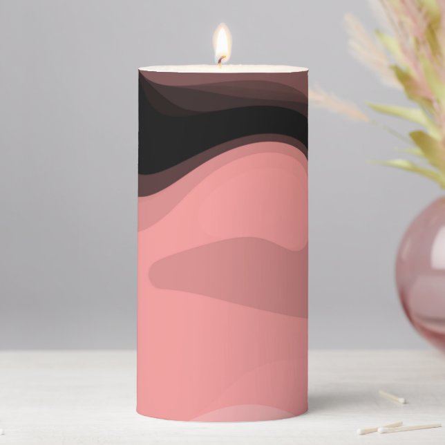 Sunset Horizon: Abstract Pink, Black & White Pillar Candle (In Situ)
