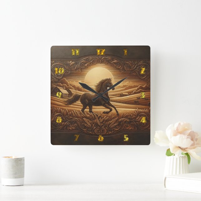 Sunset Horse in Serene Landscape Square Wall Clock (Home)
