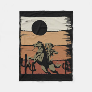 Sunset Horseback Riding Rodeo Western Retro Cowboy Fleece Blanket