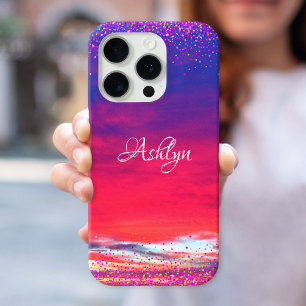 Sunset hot pink blue clouds confetti dot name bold iPhone 16 pro case