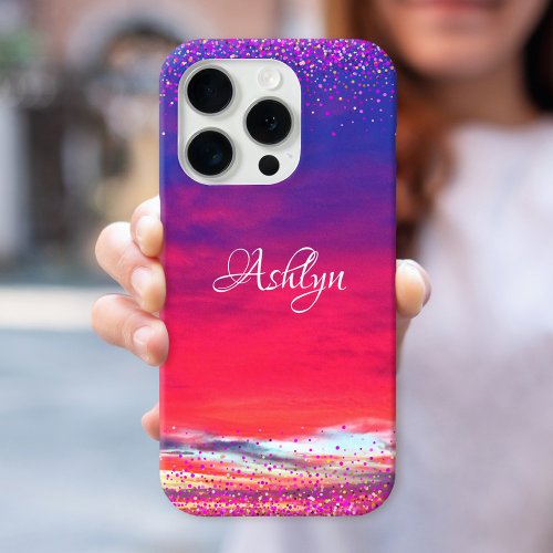 Sunset hot pink blue clouds confetti dot name bold iPhone 15 pro case