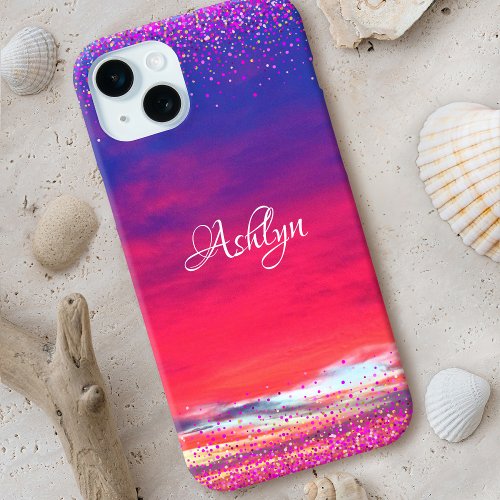 Sunset hot pink blue clouds confetti dots name iPhone 15 plus case