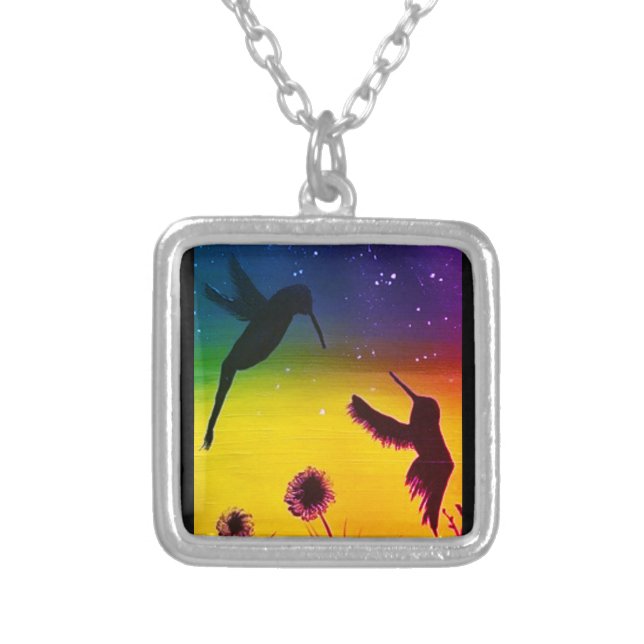 Sunset Hummingbirds Silver Plated Necklace (Front)
