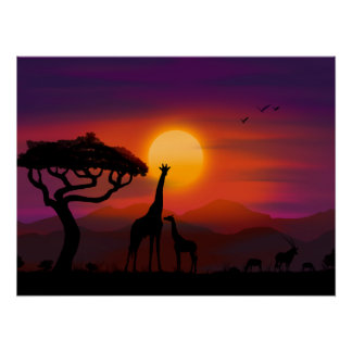 Sunset in Africa with animals Poster